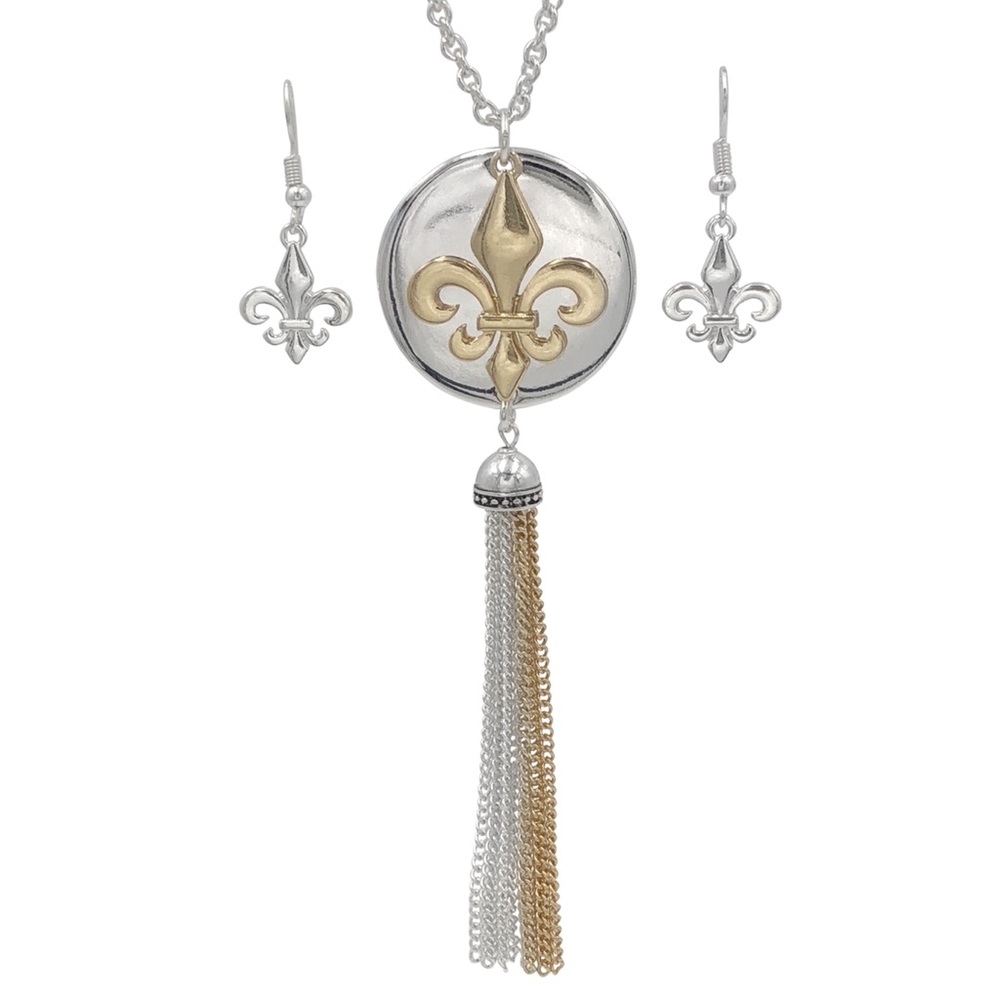 Silver & Gold Long Fleur De Lis Tassel Necklace & Earrings Set